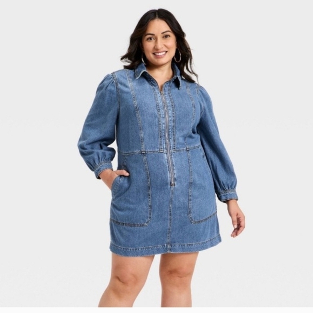 Universal Thread Women's Long Sleeve Zip Front Midi Denim Dress